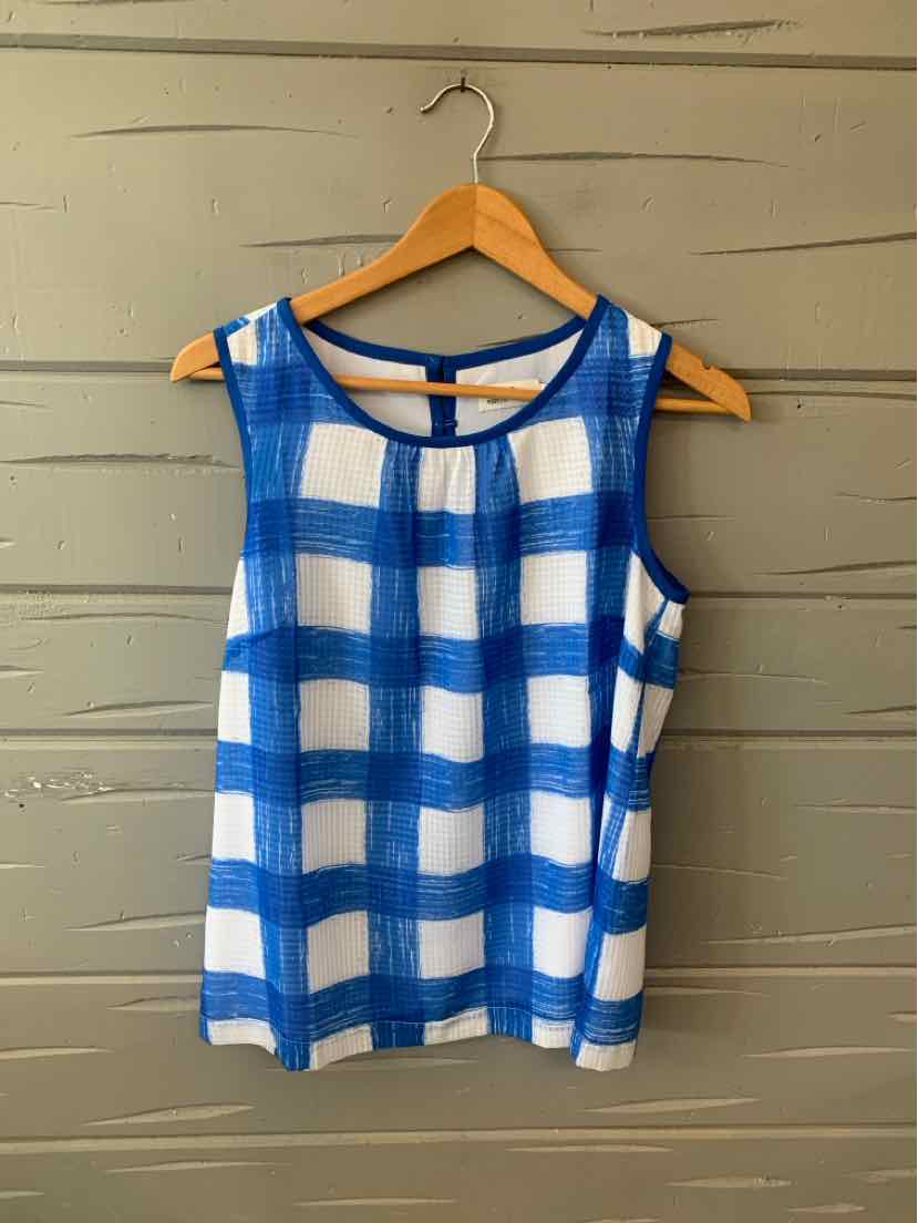 Blue and white gingham sleeveless blouse with keyhole back detail, size 4.