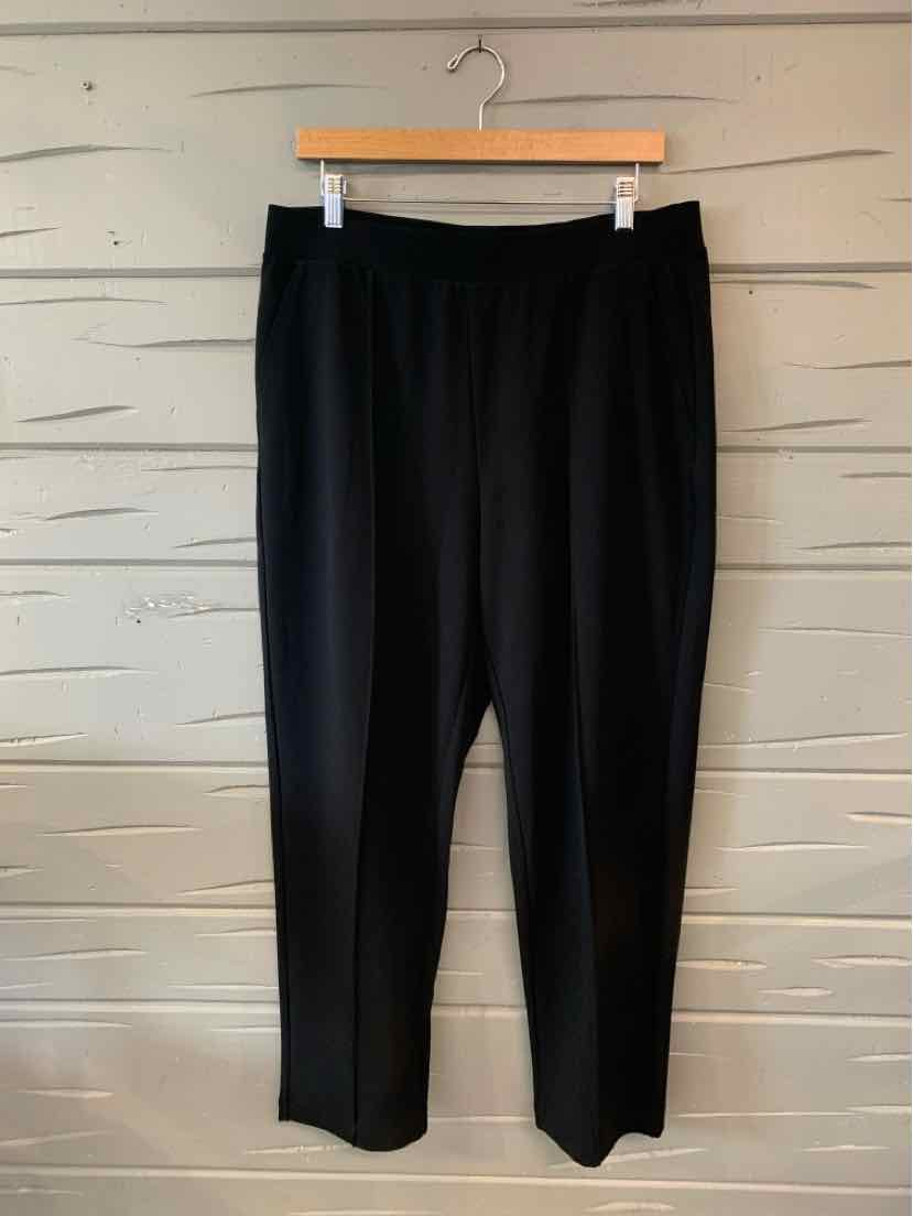 Black straight-leg pants with elastic waistband, made from lightweight fabric, size large.
