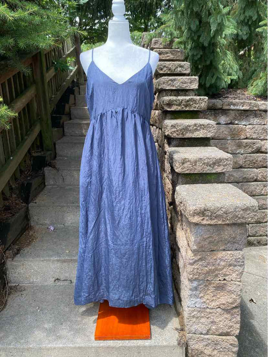 Blue sleeveless maxi dress with V-neck and gathered waistline, lightweight fabric.