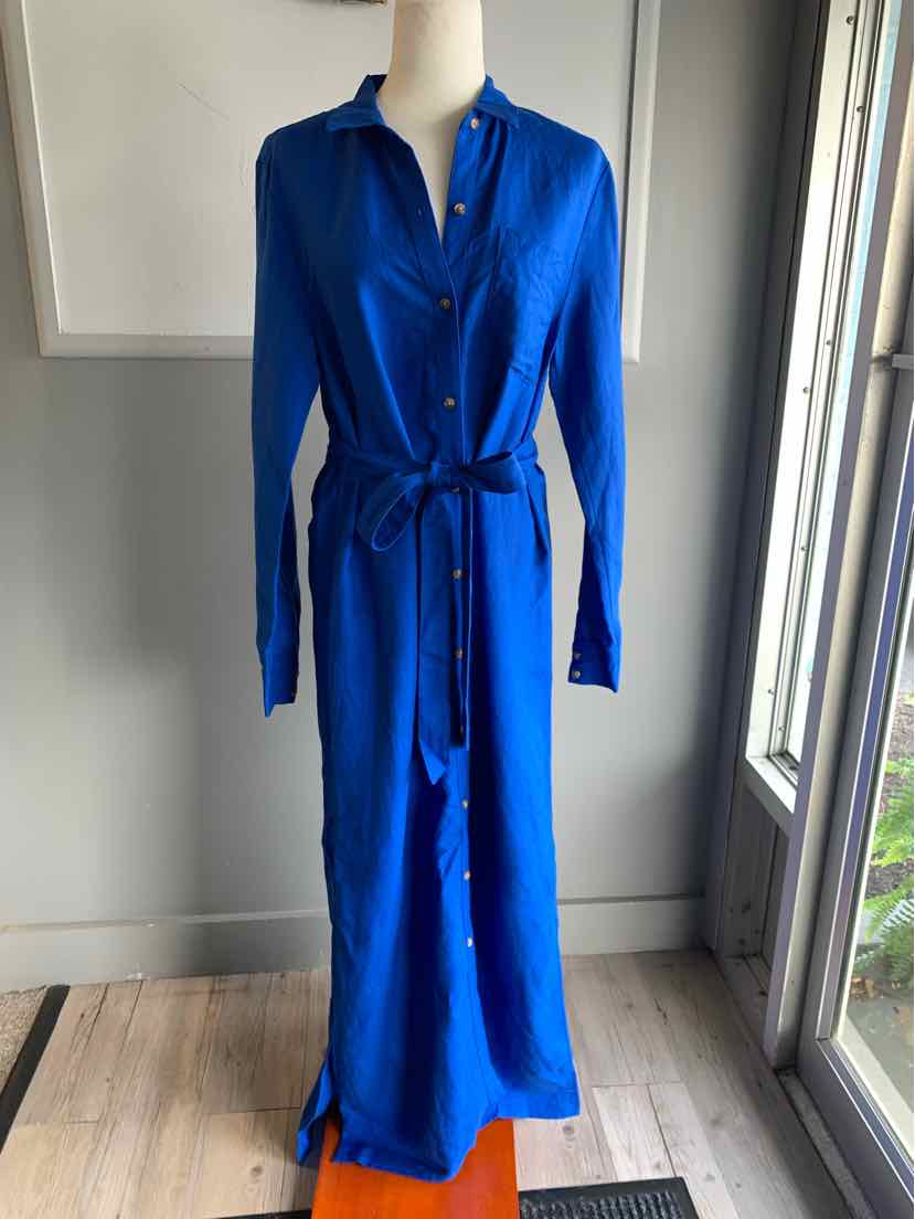 Long royal blue linen shirt dress with button front, collar, long sleeves, and waist tie belt, size 8.