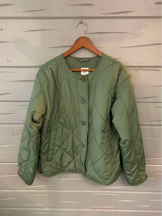 Light olive green quilted jacket with round neckline and snap buttons, size XS.