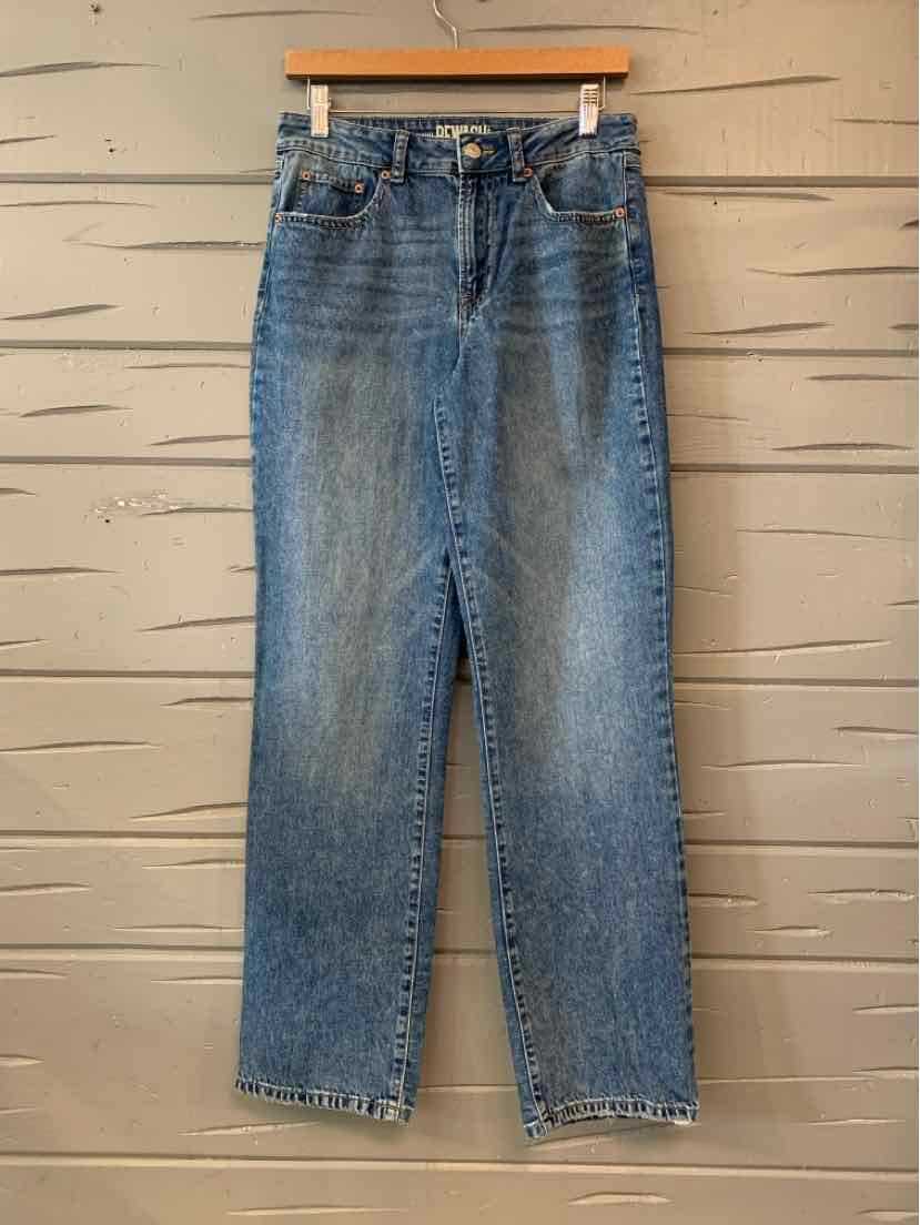 Women’s straight-leg blue denim jeans with a faded wash, whiskering, and classic five-pocket styling.