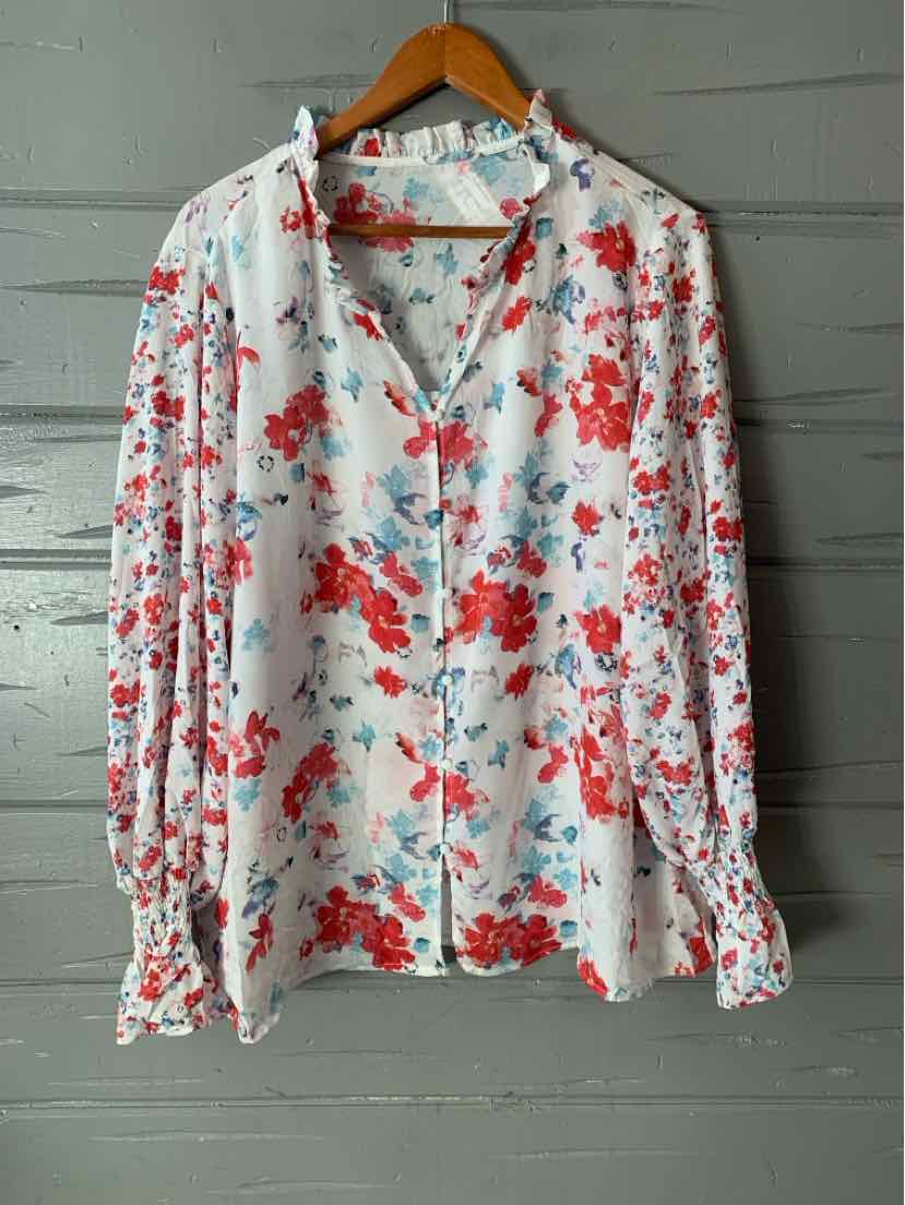 White blouse with red and pink floral print, long sleeves, and ruffled collar, size 2XL.