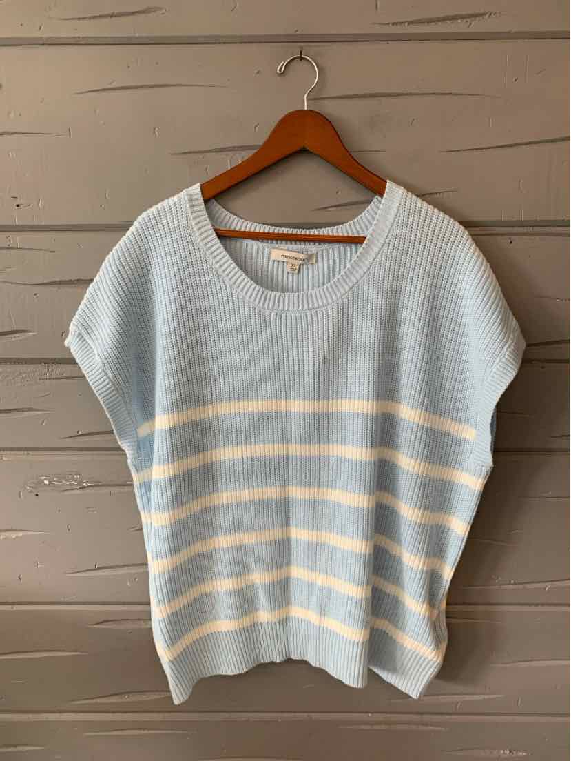 Light blue knit short-sleeve sweater with wide white horizontal stripes and a V-neck, size XL.