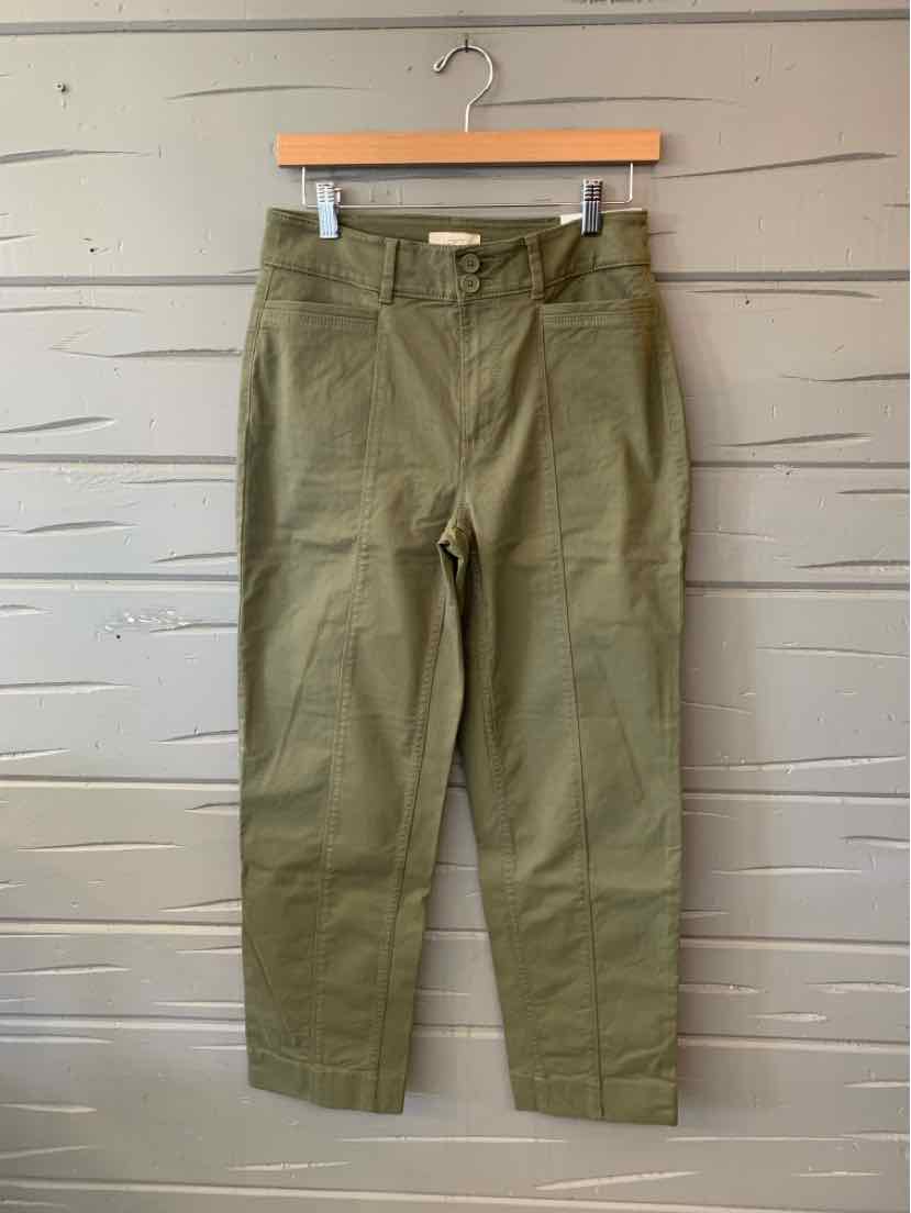 Olive green straight-leg trousers with a button closure, belt loops, and side pockets.