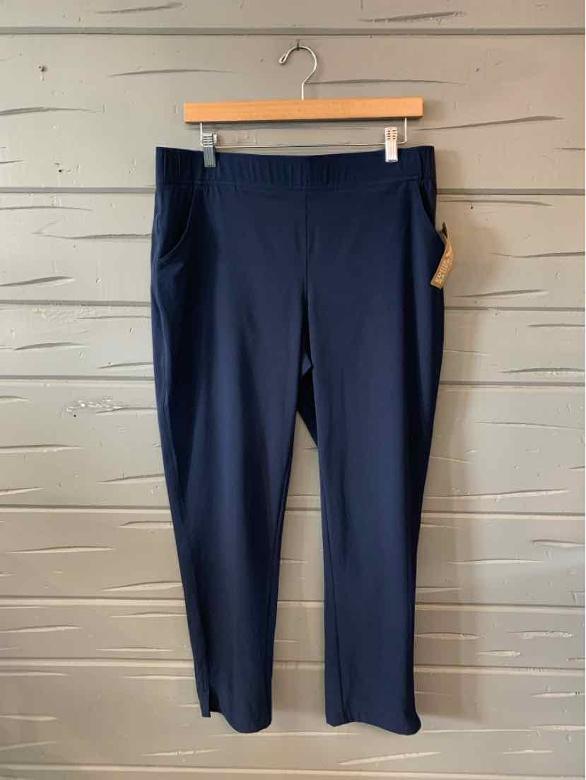 Navy blue straight-leg pants with front and back pockets hanging on wooden hanger.