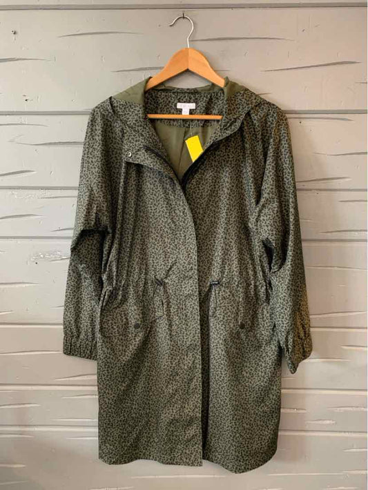 Olive green knee-length jacket with subtle animal print, long sleeves, and front zipper closure.