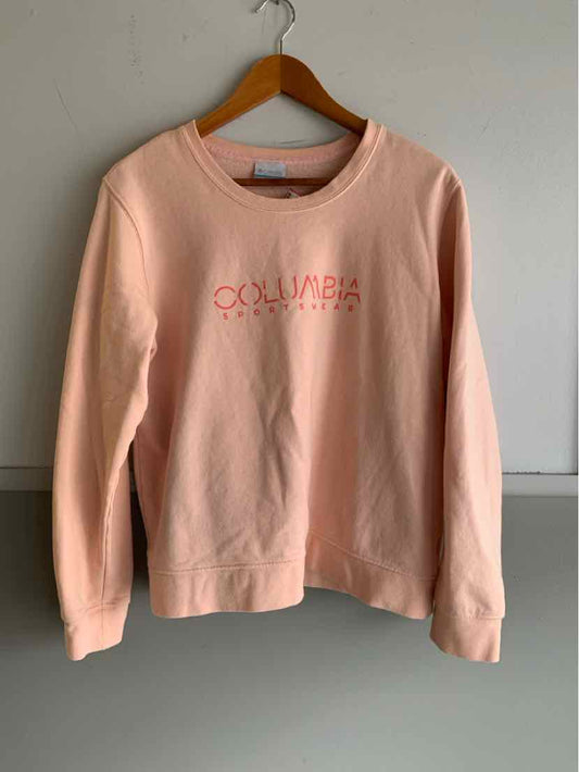 Light pink Columbia crewneck sweatshirt with small embroidered logo on chest, size XL.