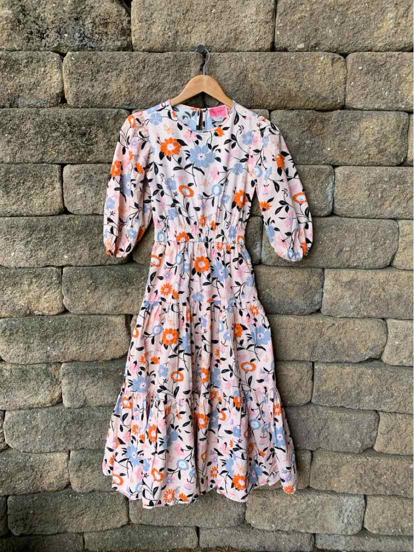 Pink floral midi dress with puff sleeves and button-down front, size XS.