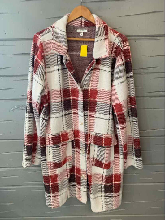 Long plaid coat in red, white, and gray with large front pockets and a collar, size XXL.