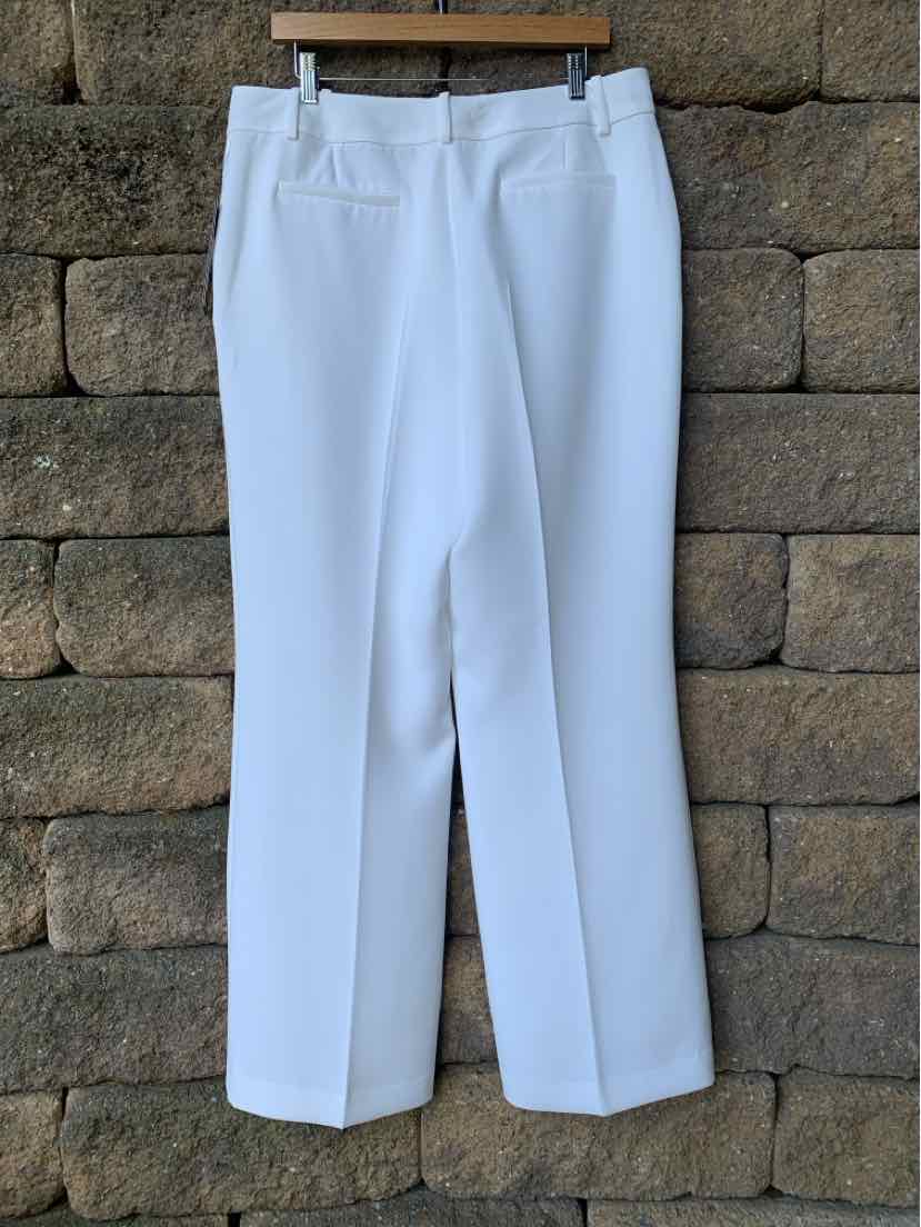 White straight-leg trousers with belt loops and back welt pockets, size 12.