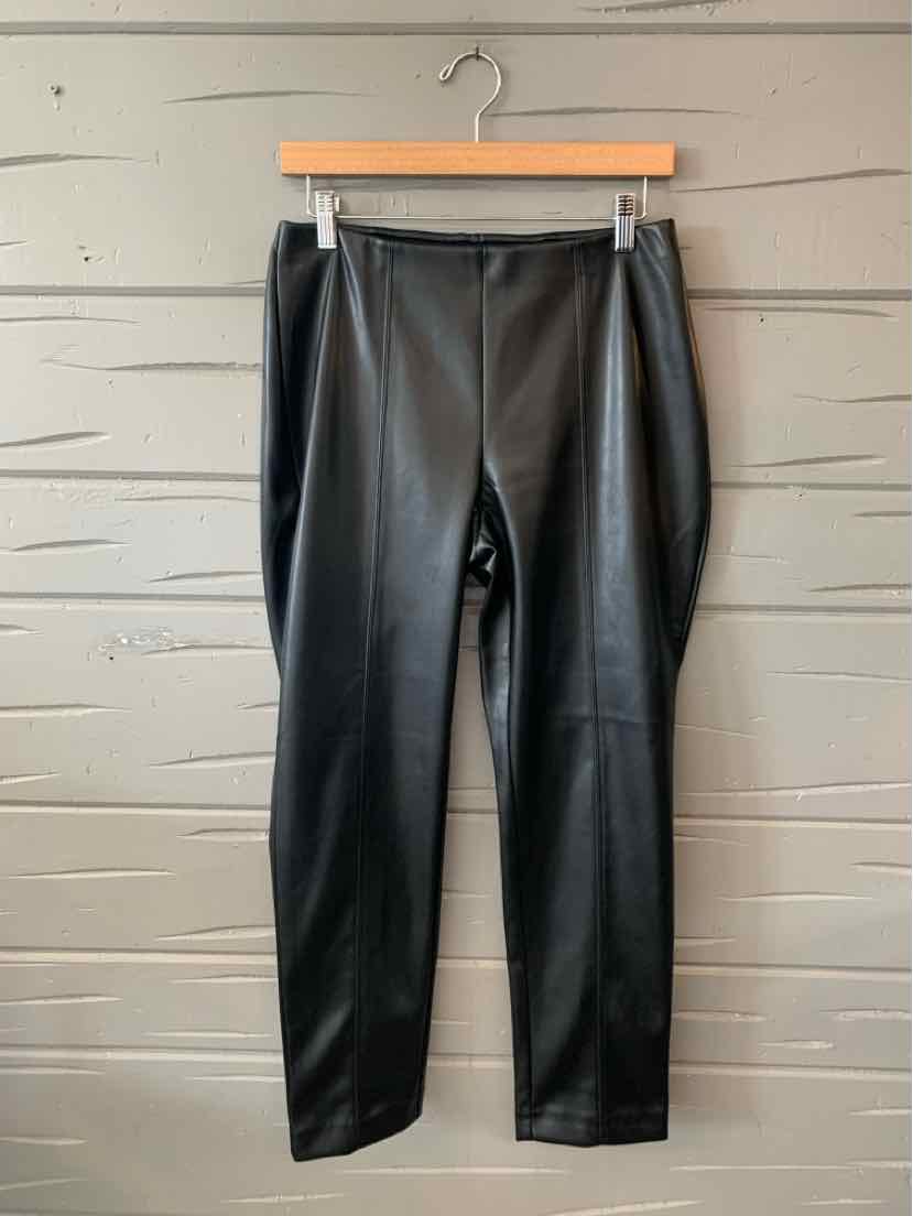 Black faux leather slim-fit pants with a smooth finish and mid-rise waistband.