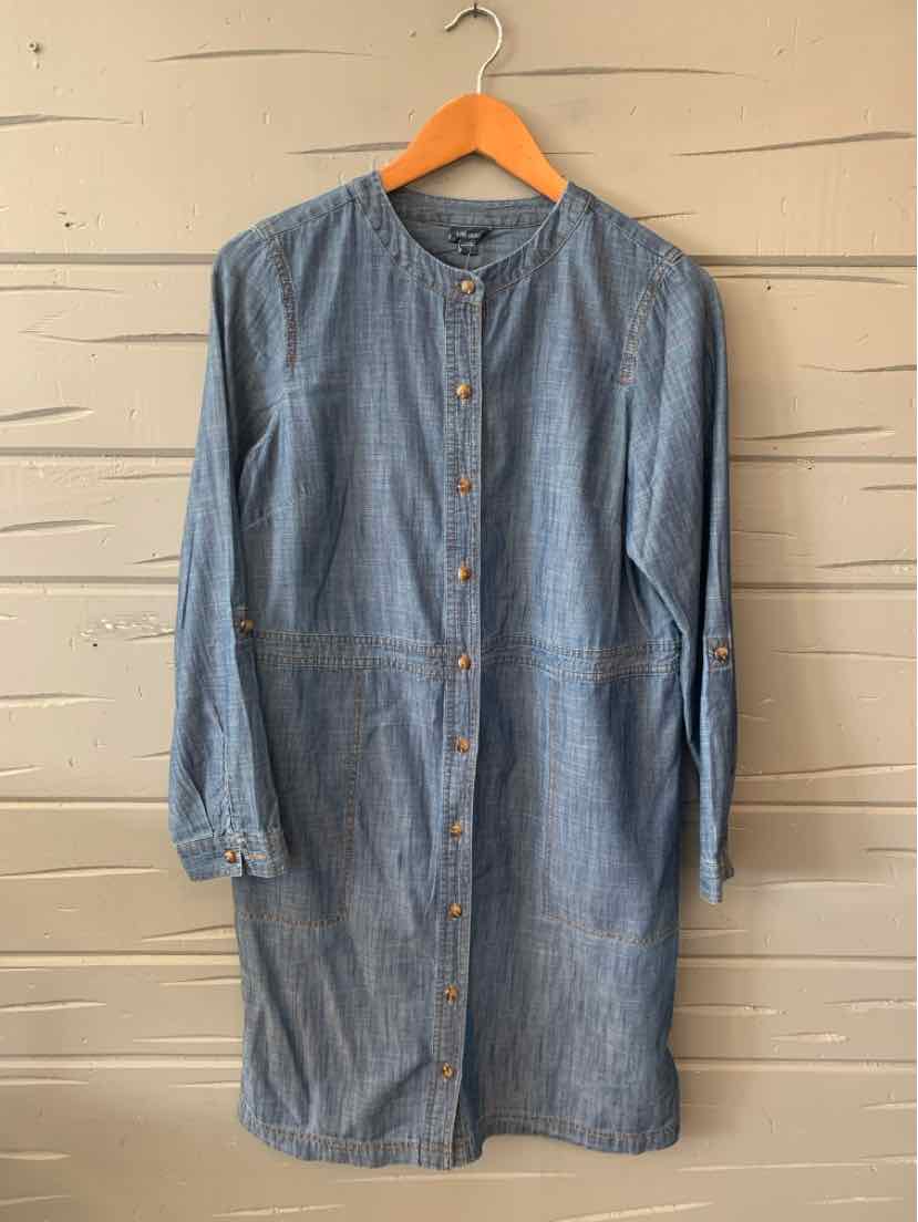 Long-sleeve blue denim shirt dress with button-down front and round collar.