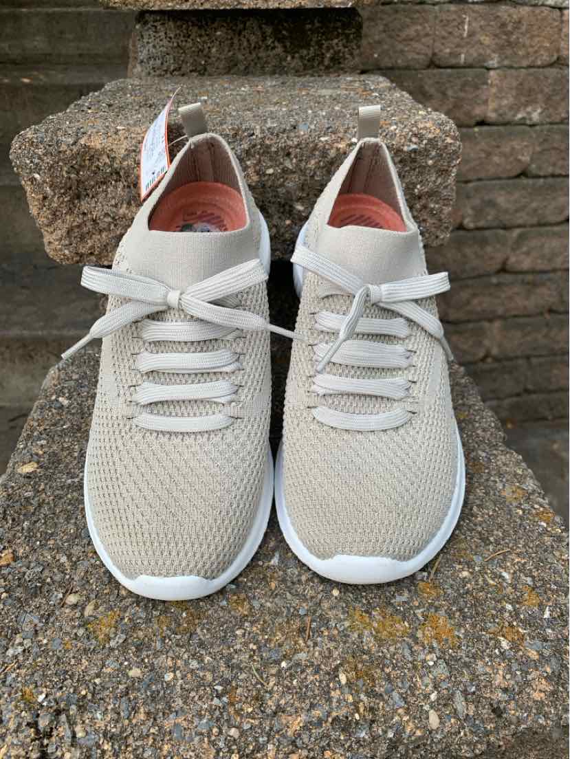 Taupe lightweight mesh sneakers with white soles and hook-and-loop straps, size 7.5.