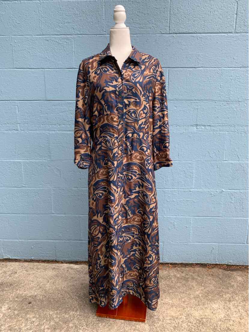 Long-sleeve maxi dress in brown and navy paisley with button-down front and collar, size XL.