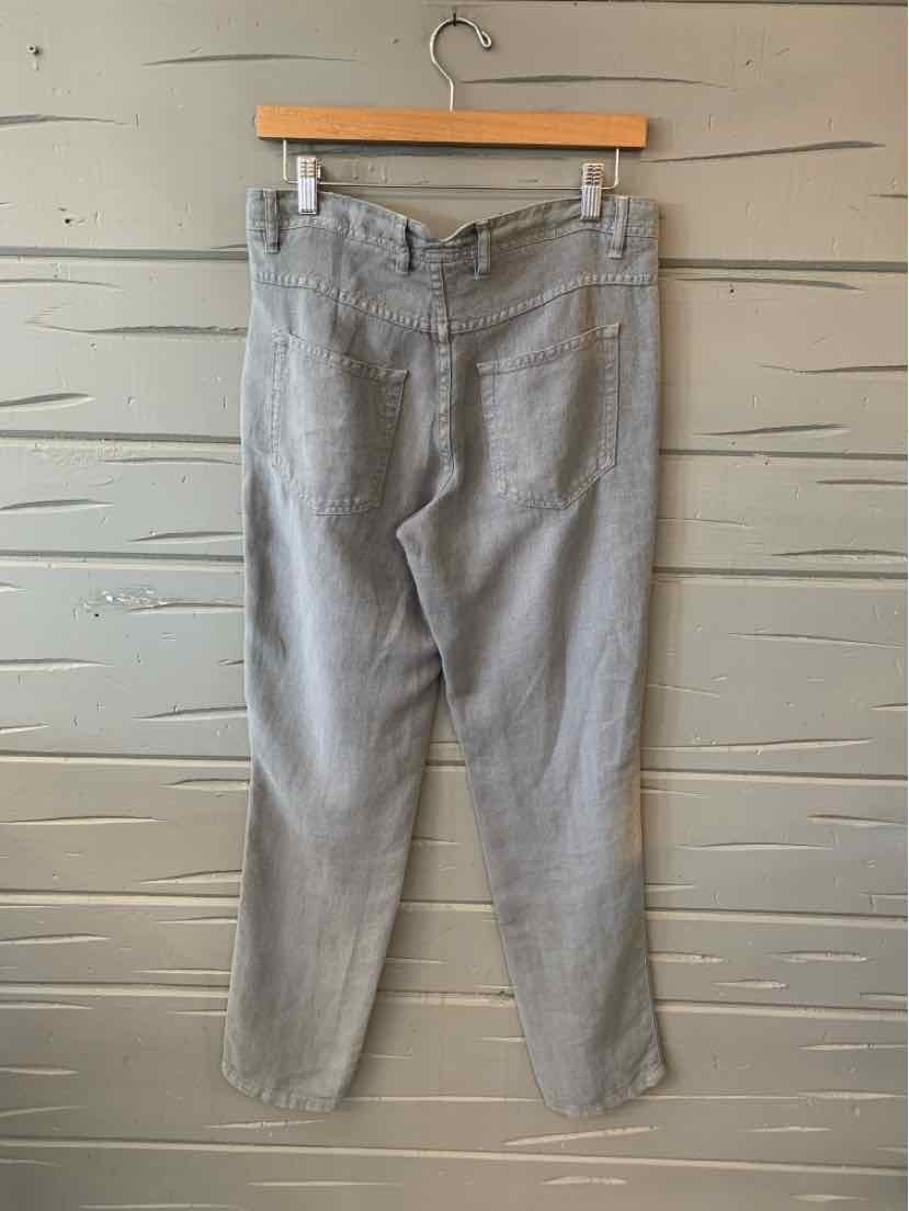 Light gray linen wrap pants with a mid-rise waist and straight-leg cut hanging on a wooden hanger.