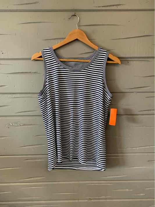 Black and white horizontal striped sleeveless tank top with scoop neckline on wooden hanger.