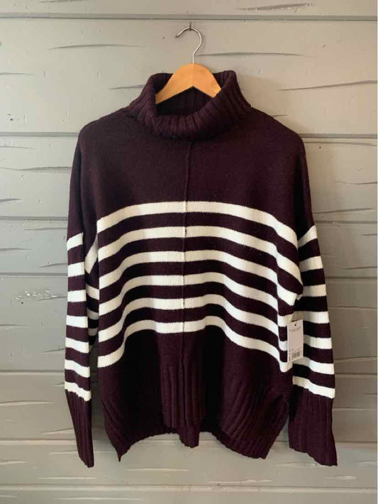 Burgundy turtleneck sweater with white horizontal stripes and ribbed cuffs in size XXL.