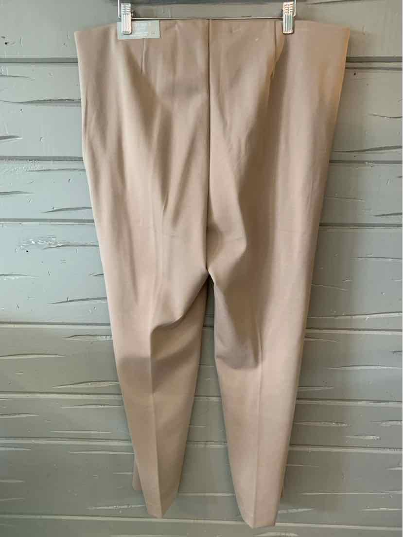 Beige high-waisted tapered pants with flat front and smooth fabric, size 16.