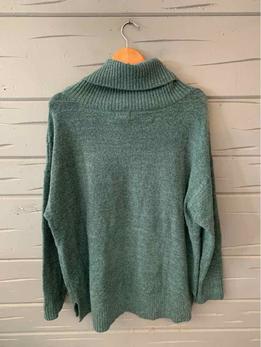 Green knit sweater with wide ribbed turtleneck and long sleeves, relaxed fit.