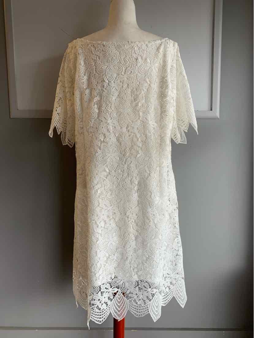 White lace dress with elbow-length sleeves and scalloped hem, size 20.