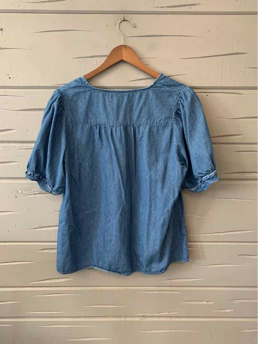 Blue chambray blouse with puffed elbow-length sleeves and gathered neckline, size XL.