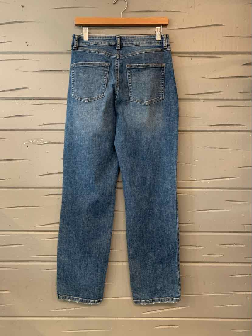 Women’s straight-leg blue denim jeans with a faded wash, front pockets, and button closure.