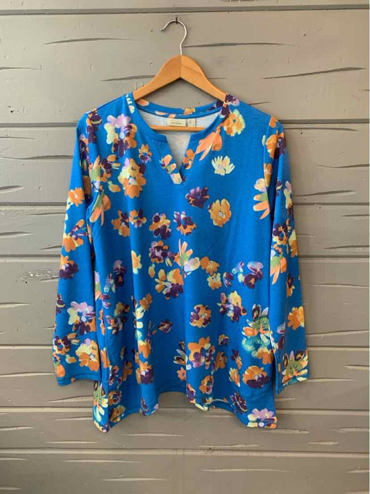 Blue medium-sized blouse with long sleeves and a vibrant multicolored floral print.