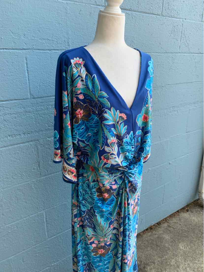 Blue tropical print wrap dress with 3/4 sleeves and V-neckline, size 14.