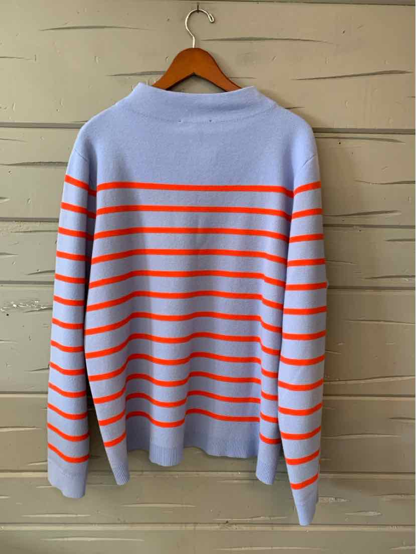 Light blue sweater with bright orange horizontal stripes, long sleeves, crew neckline.