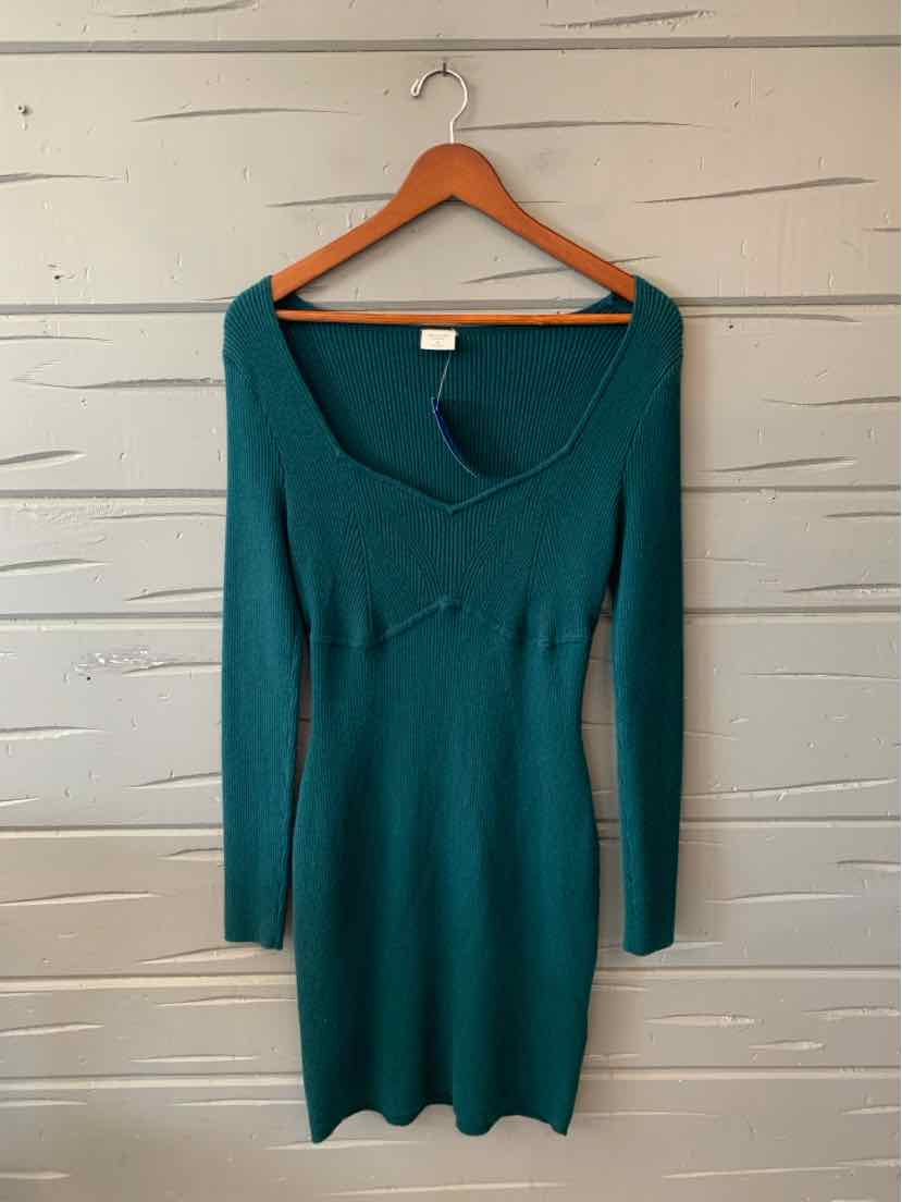 Teal long-sleeve knit dress with a V-neck and fitted, knee-length silhouette, hanging on a wooden hanger.