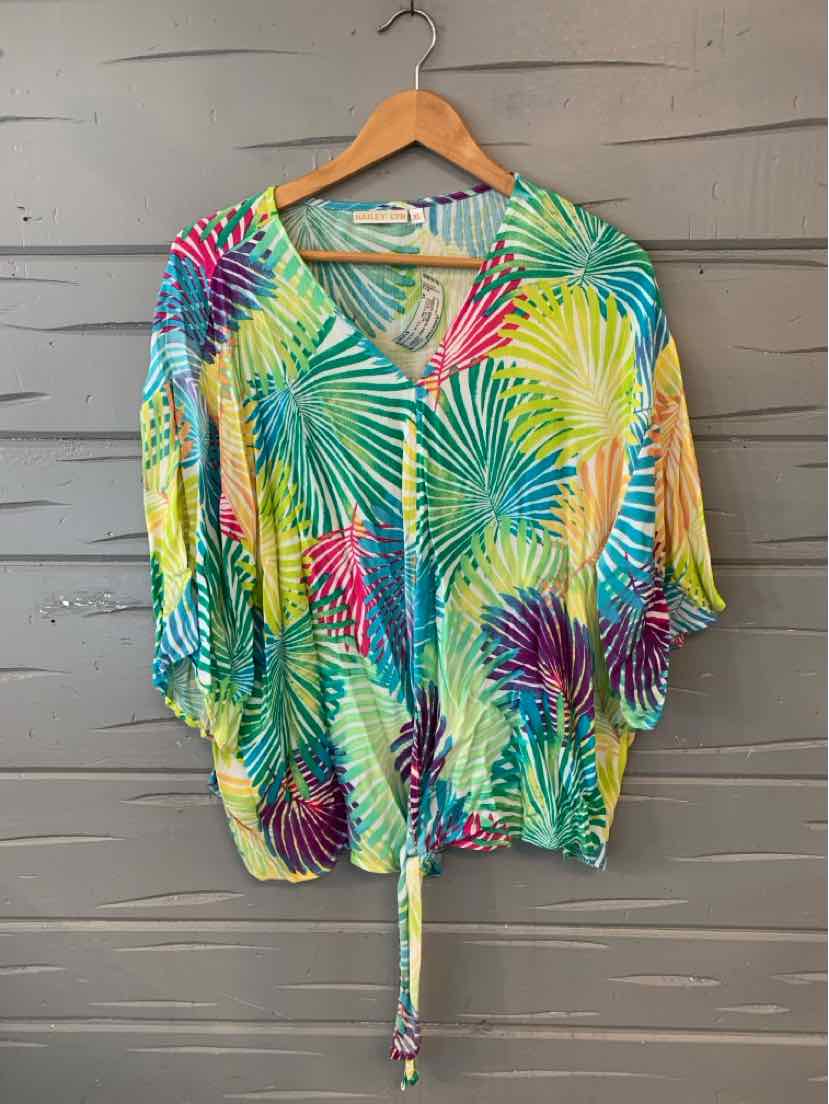 Colorful tropical print blouse with 3/4 sleeves and drawstring hem in XL.