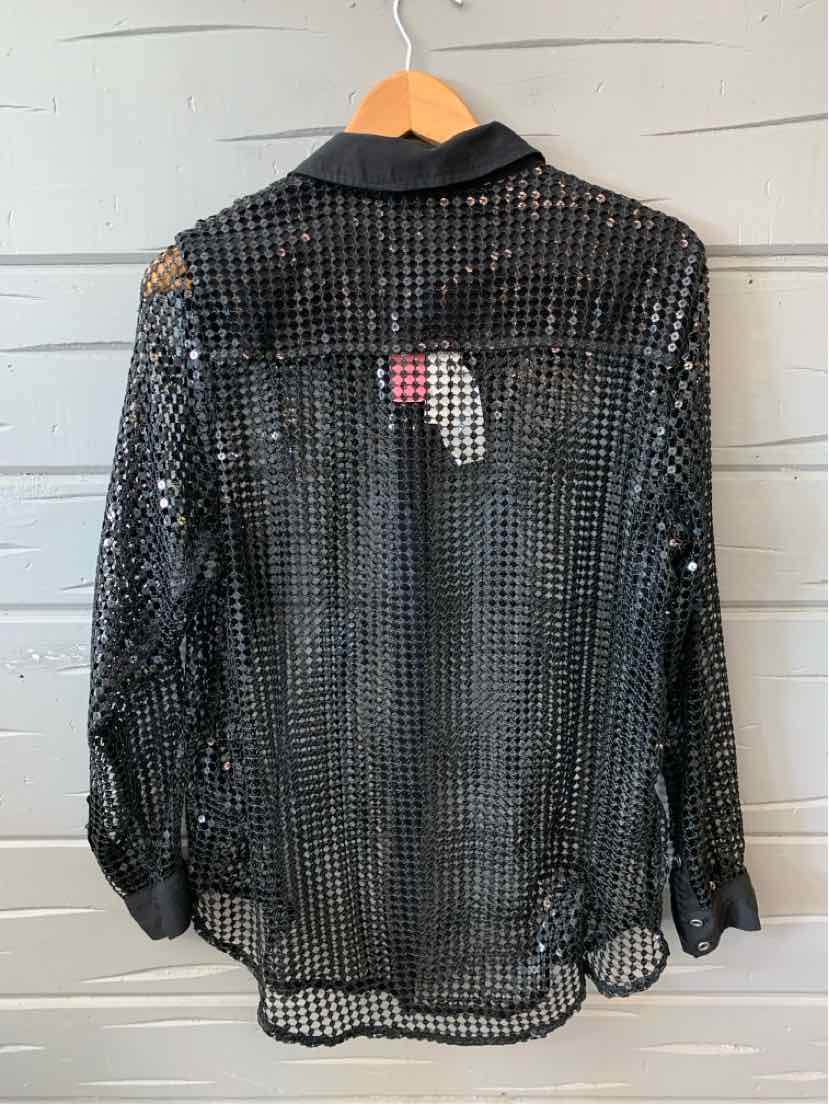 Black mesh long-sleeve button-up shirt with collar and sheer checkered pattern in medium size.