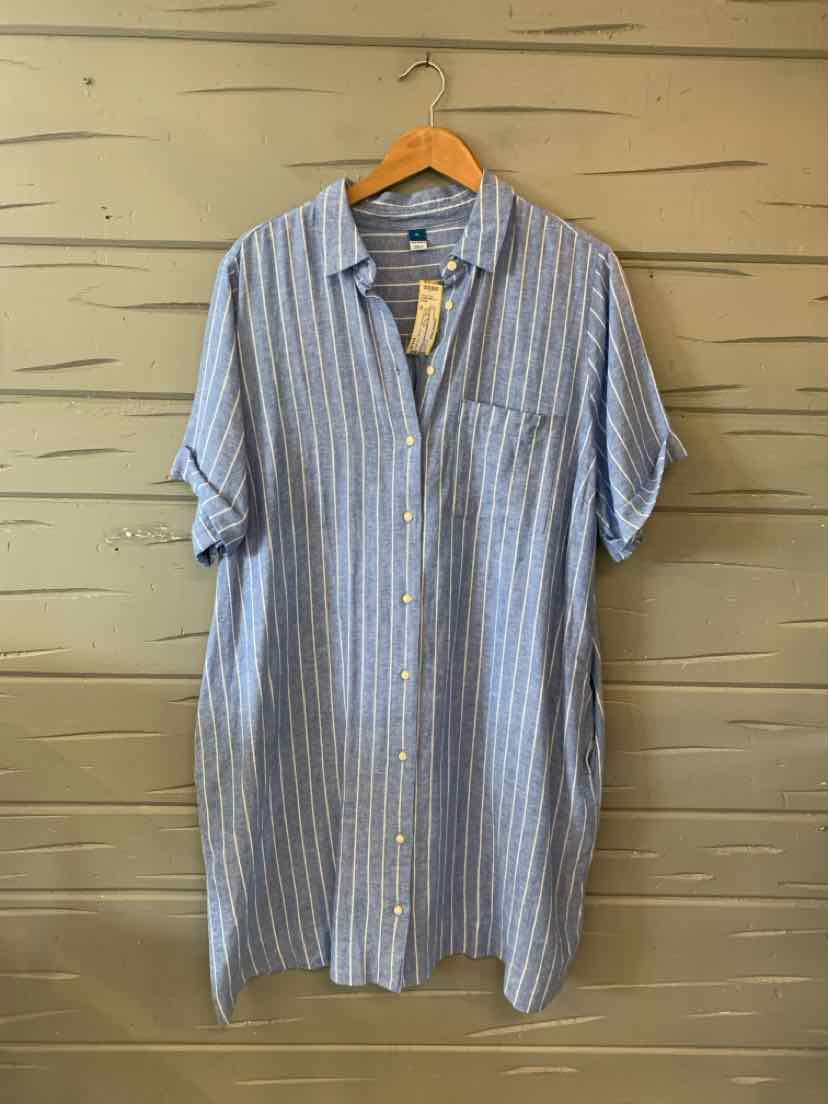 Light blue and white vertical striped button-down shirt dress with collar and short sleeves, size XL.