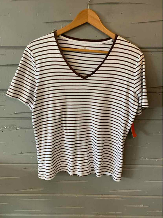 White short-sleeve V-neck T-shirt with thin black horizontal stripes and a brown neckline trim, size XL.