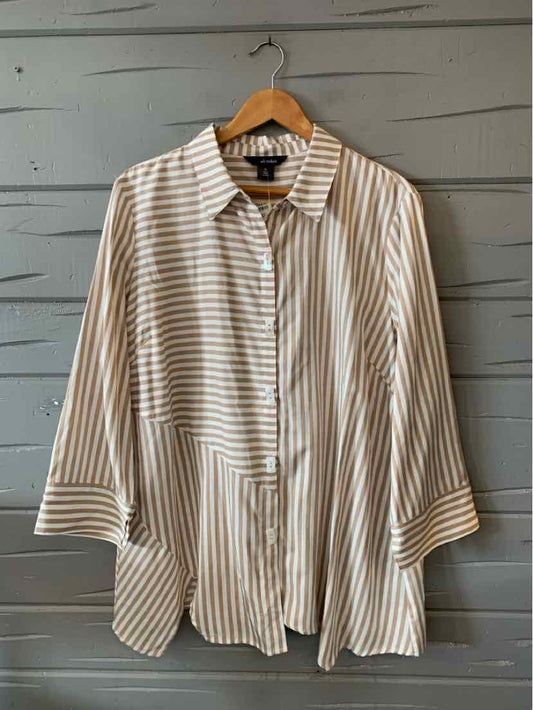 Tan and white striped button-up blouse with collar and long sleeves, size XL.