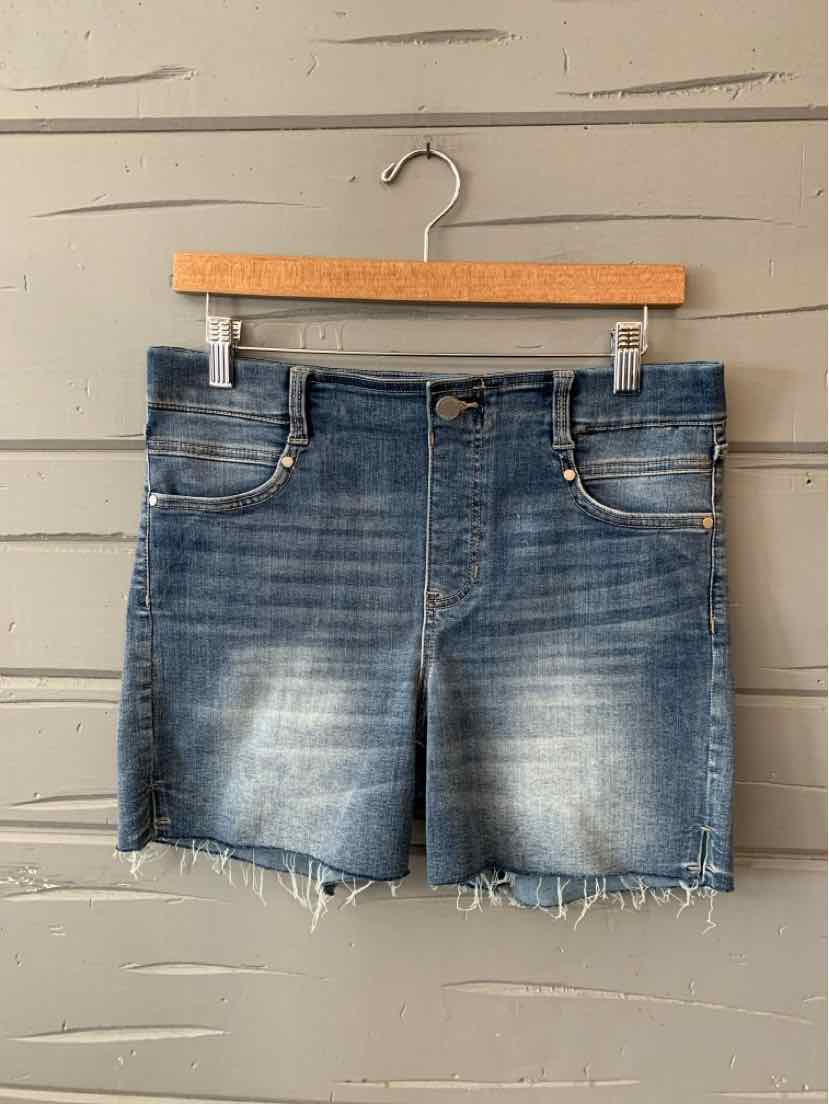 Blue denim shorts with frayed hem, front pockets, and faded detailing.