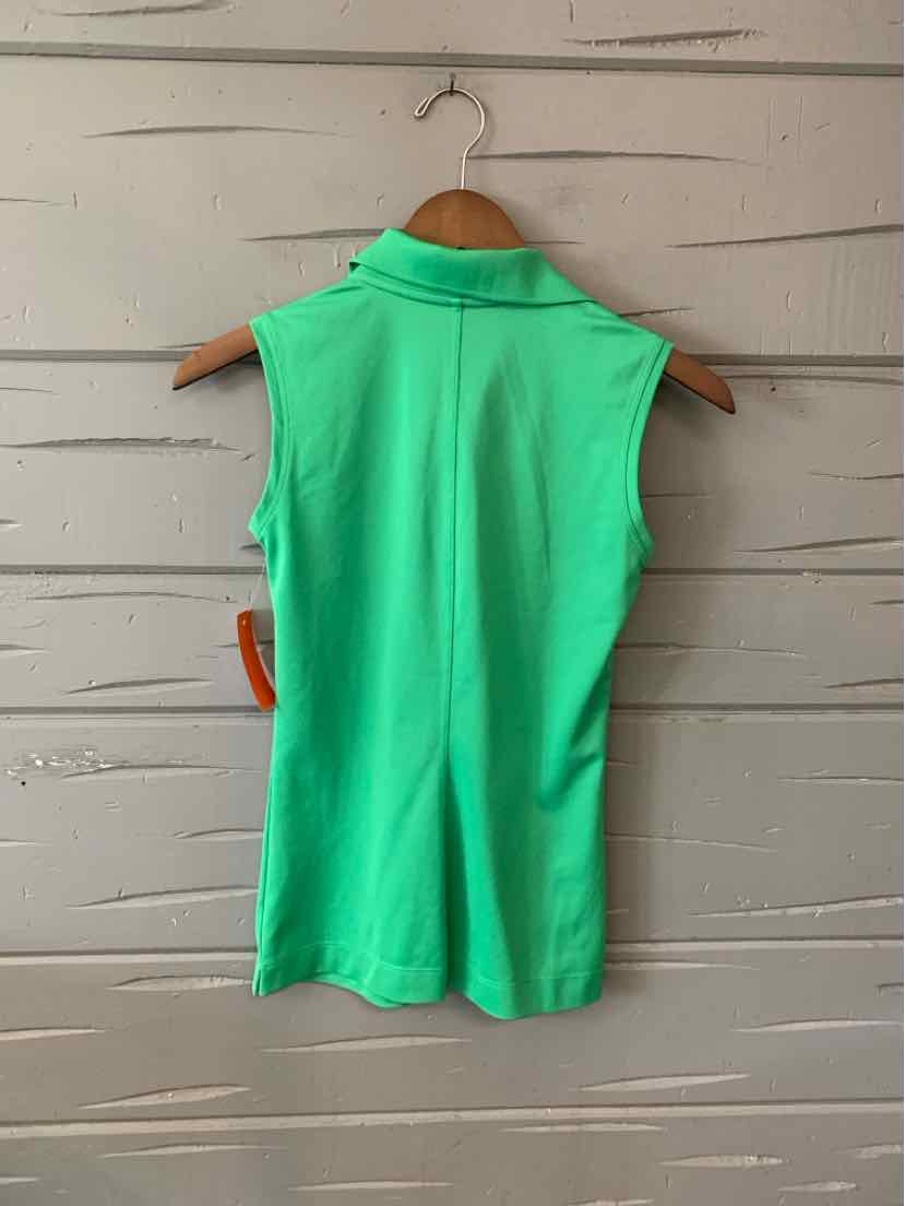 Sleeveless bright green golf polo with a stand-up collar, slim fit, and smooth fabric.