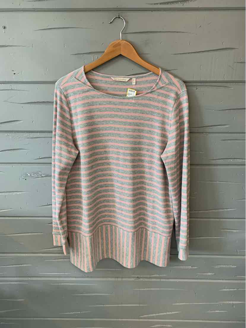 Soft Surroundings women's long-sleeve gray and white striped knit top with scoop neckline and relaxed fit.