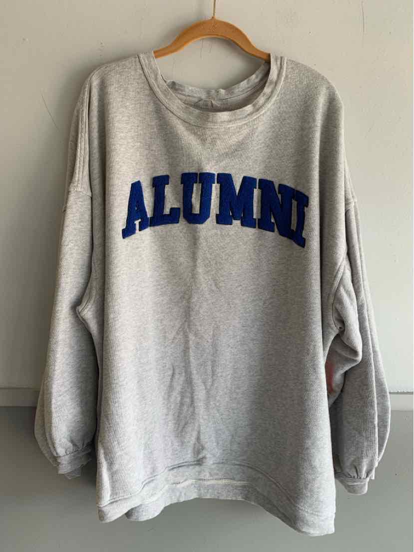 Light gray oversized sweatshirt with blue "ALUMNI" lettering across the chest, crew neck, and long sleeves.