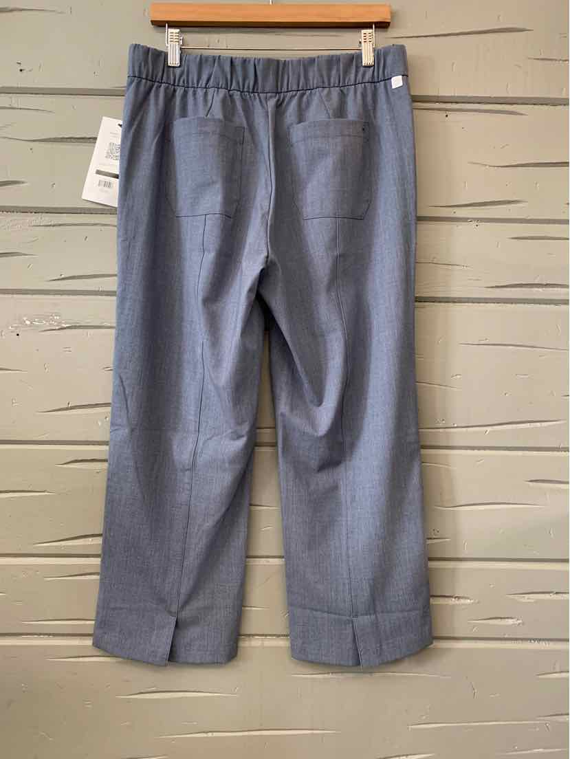 Blue solid large pants with elastic waistband and two back pockets hanging on wooden hanger.
