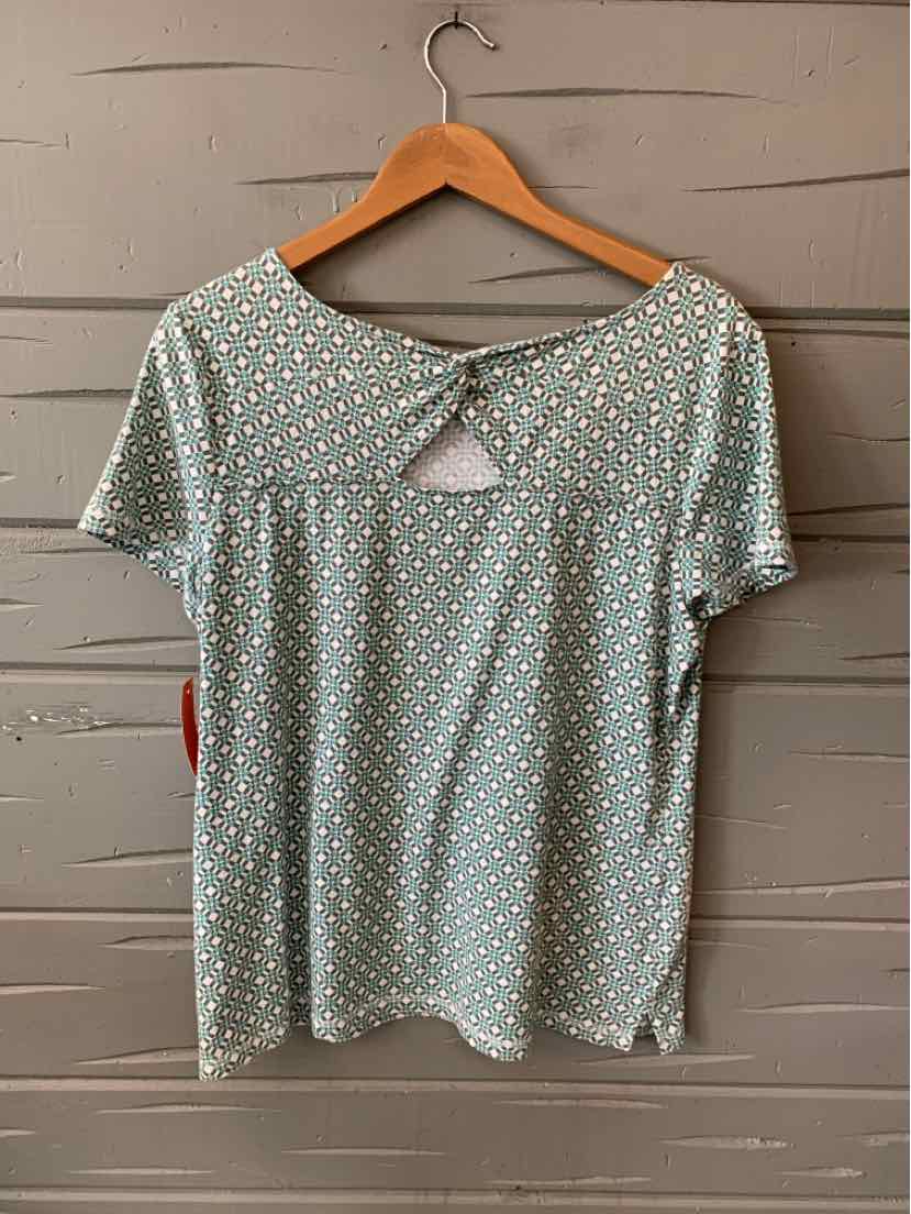 Light blue short-sleeve top with white polka dots and a small triangular cutout at the neckline.