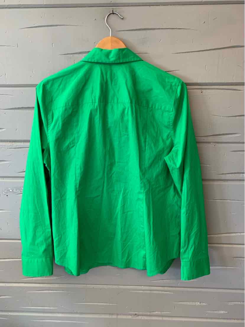 Bright green long-sleeve button-up shirt with classic collar, size XL, hanging on wooden hanger.
