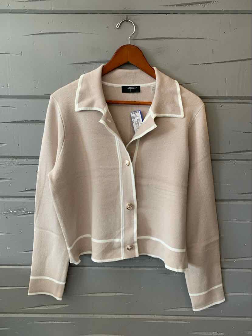 Beige Tahari button-front sweater with a wide collar, long sleeves, and white trim.