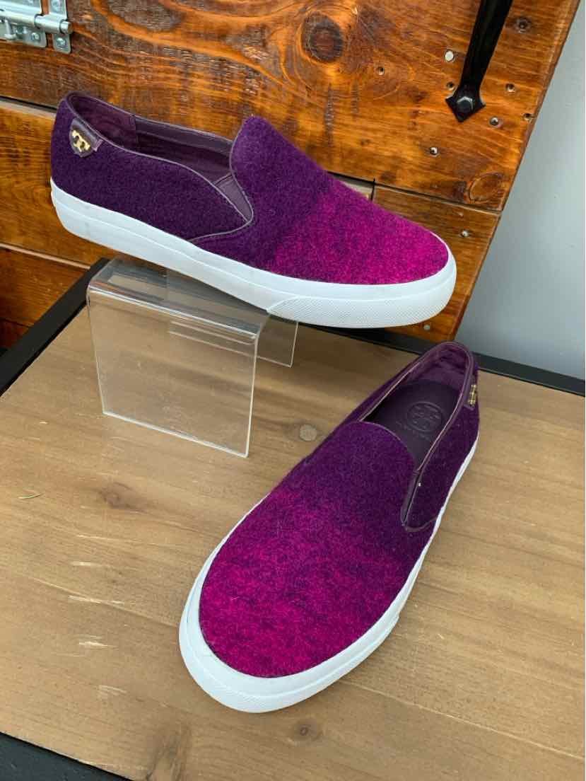 Purple ombre slip-on sneakers with white rubber soles and textured fabric upper.