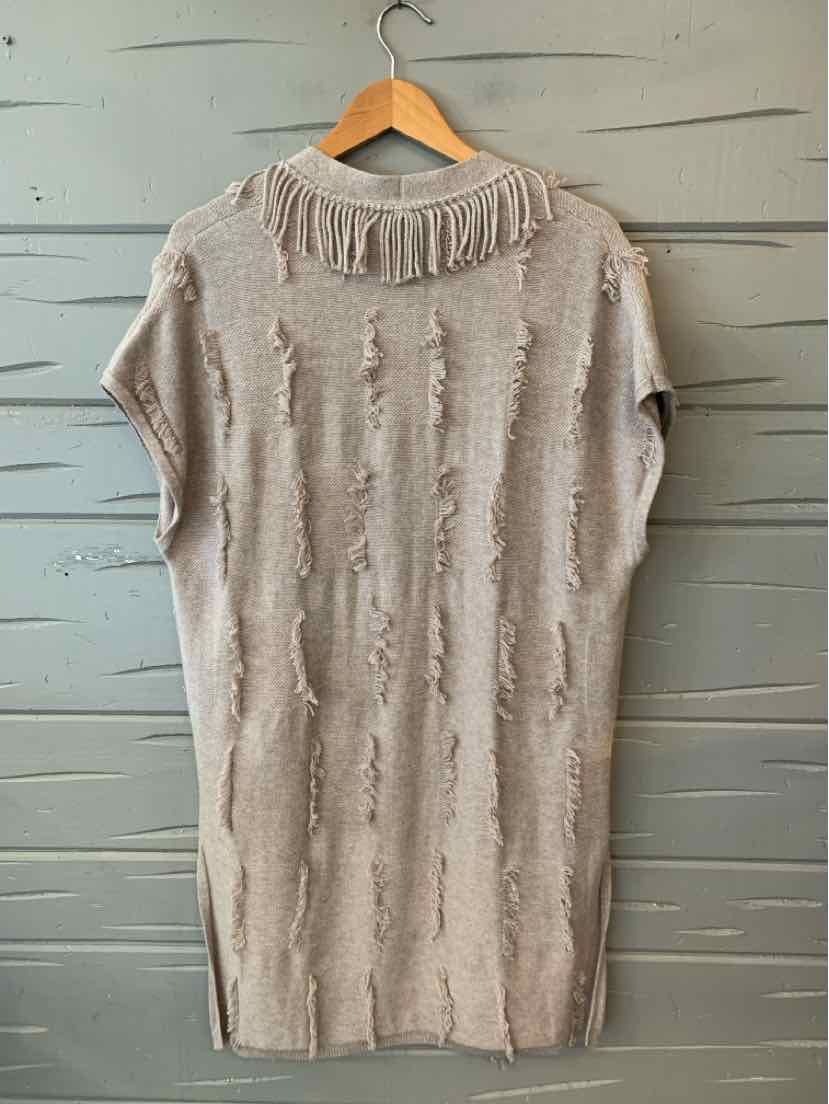 Taupe knit sweater dress with distressed vertical stripes and fringed collar, size XS.