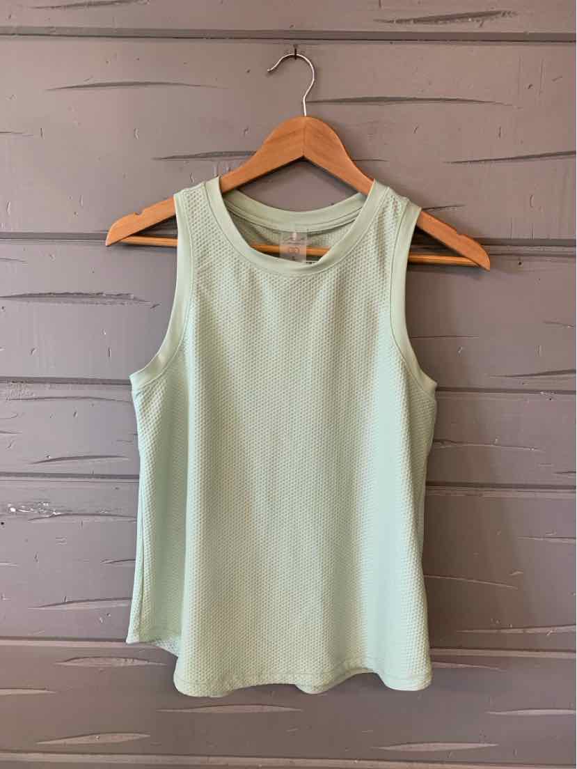 Light green sleeveless tank top with round neckline on wooden hanger against gray wood panel background.