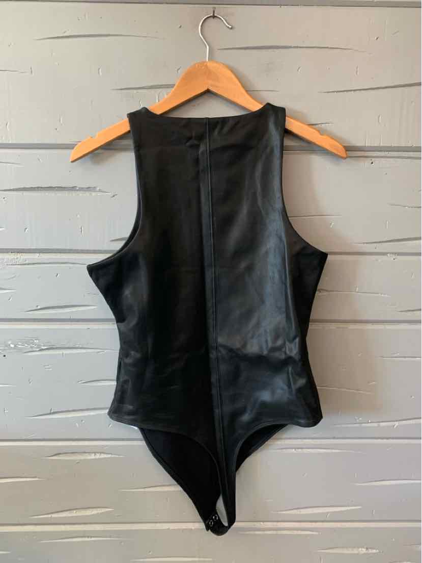 Black faux leather sleeveless bodysuit with high neck and fitted cut, large size.