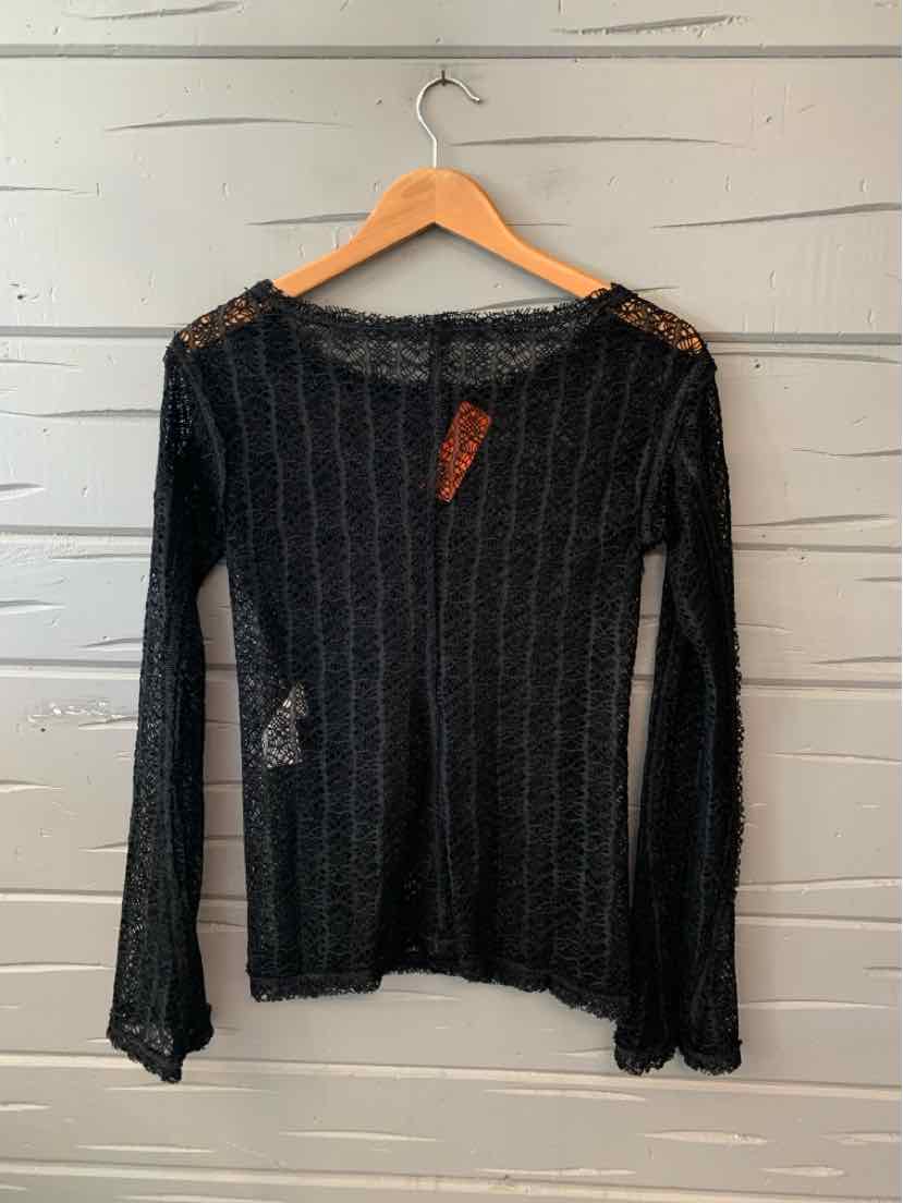 Black long-sleeve knit top with sheer lace detailing and fitted silhouette, size small.