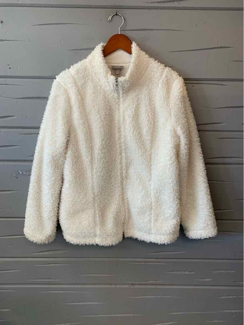 White plush zip-up jacket with high collar and long sleeves in a large petite size.